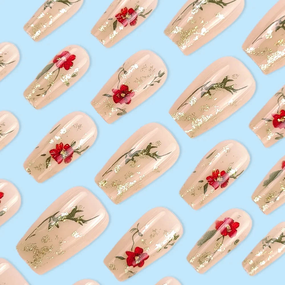 เล็บปลอมแบบกดติด 24 ชิ้น - กลิตเตอร์สีทอง ประดับดอกกุหลาบสีแดงแต่งขอบสีเขียว |   สไตล์ดอกไม้สุดหรู