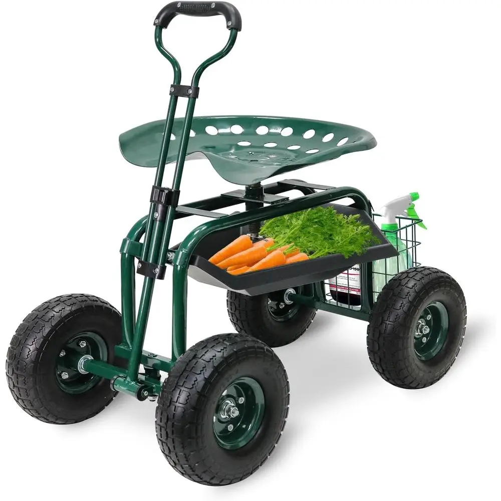 

Heavy-Duty Rolling Garden Cart with 360° Swivel Seat, Utility Tray, and Steering Handle
