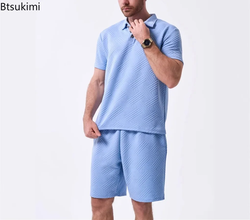 

Hot Sales New Men's Solid Jacquard Polo Shirt Sets Summer Leisure Short Sleeve Shorts Two Piece Sets Men Tracksuits Golf Outfits