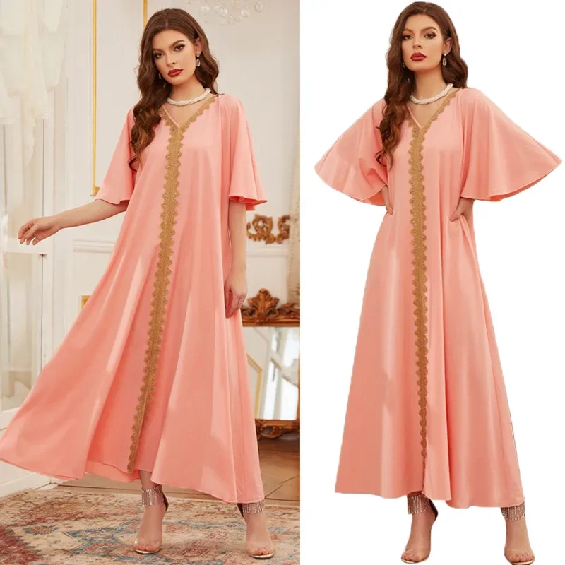 

Festival Party Muslim Women Long Dress Islamic V-neck Short Sleeve Abaya Summer Kaftan Dress Dubai Turkey Maxi Robe Eid al-Adha