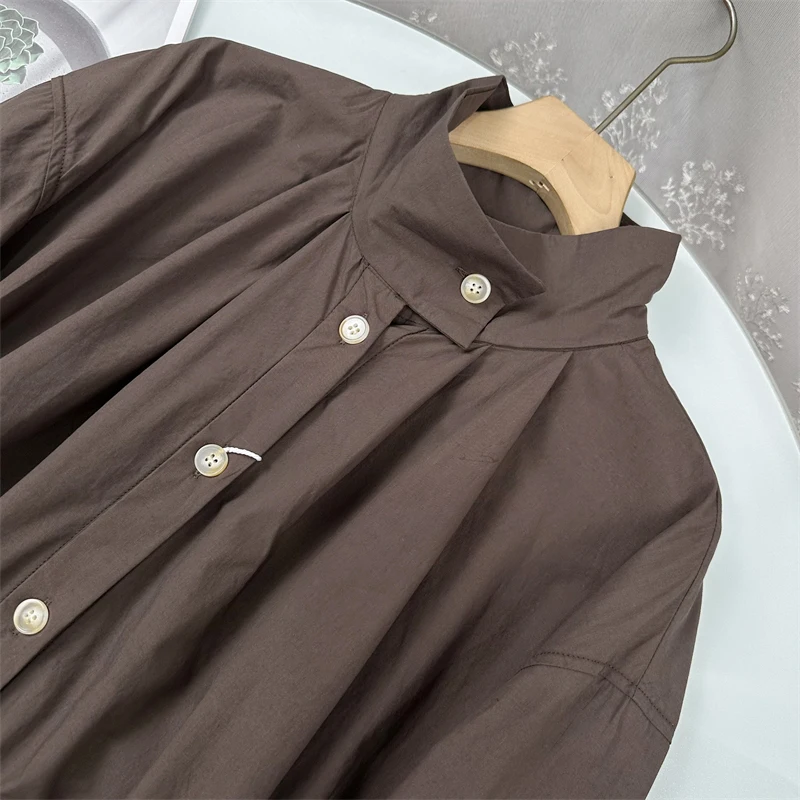 Loose Women's Cotton Silk Stand Collar Dress New Arrival Autumn 2025 Long Sleeve Midi Length Single Button Closure  Color