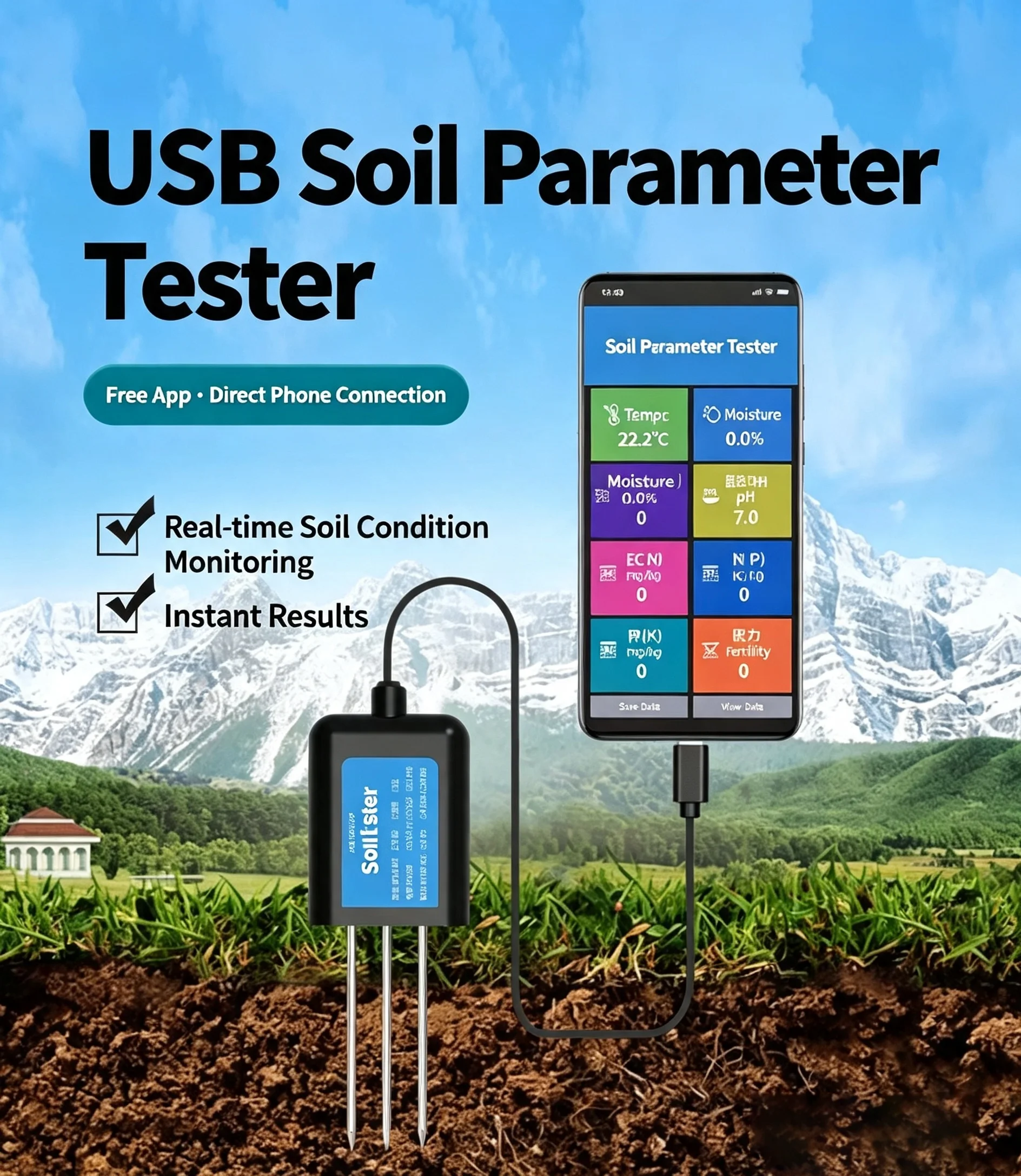 USB Soil Tester PH EC Meter 8-in-1 NPK PH Moisture Temperature Humidity Fertility Sensor Soil Tester Detector For farm