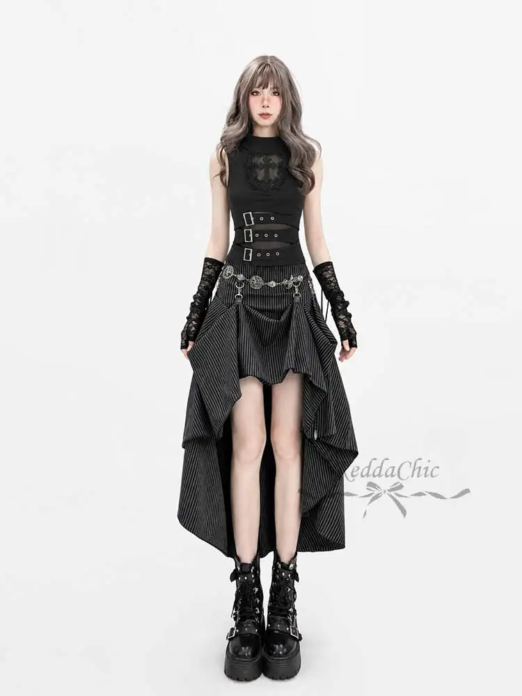 REDDACHiC Gothic Cross Tank Top Bustle Skirt Women Set Punk Lace Hollow Mock Neck Top Hi-Lo Skirt Party Music Festival Outfits view 5