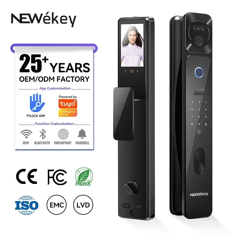 NeweKey-cerradura de puerta inteligente con cámara, Ojo de Gato, huella dactilar, Digital, Tuya App, Wifi