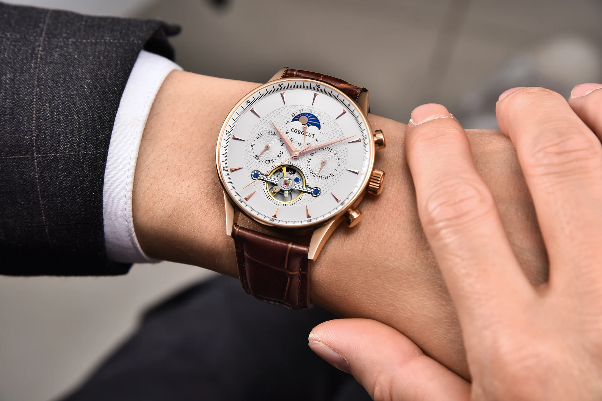 CORGEUT 44 мм Деловые модные роскошные часы для мужчин 50 м Водонепроницаемые минеральные стеклянные автоматические механические часы с датой недели и фазой луны