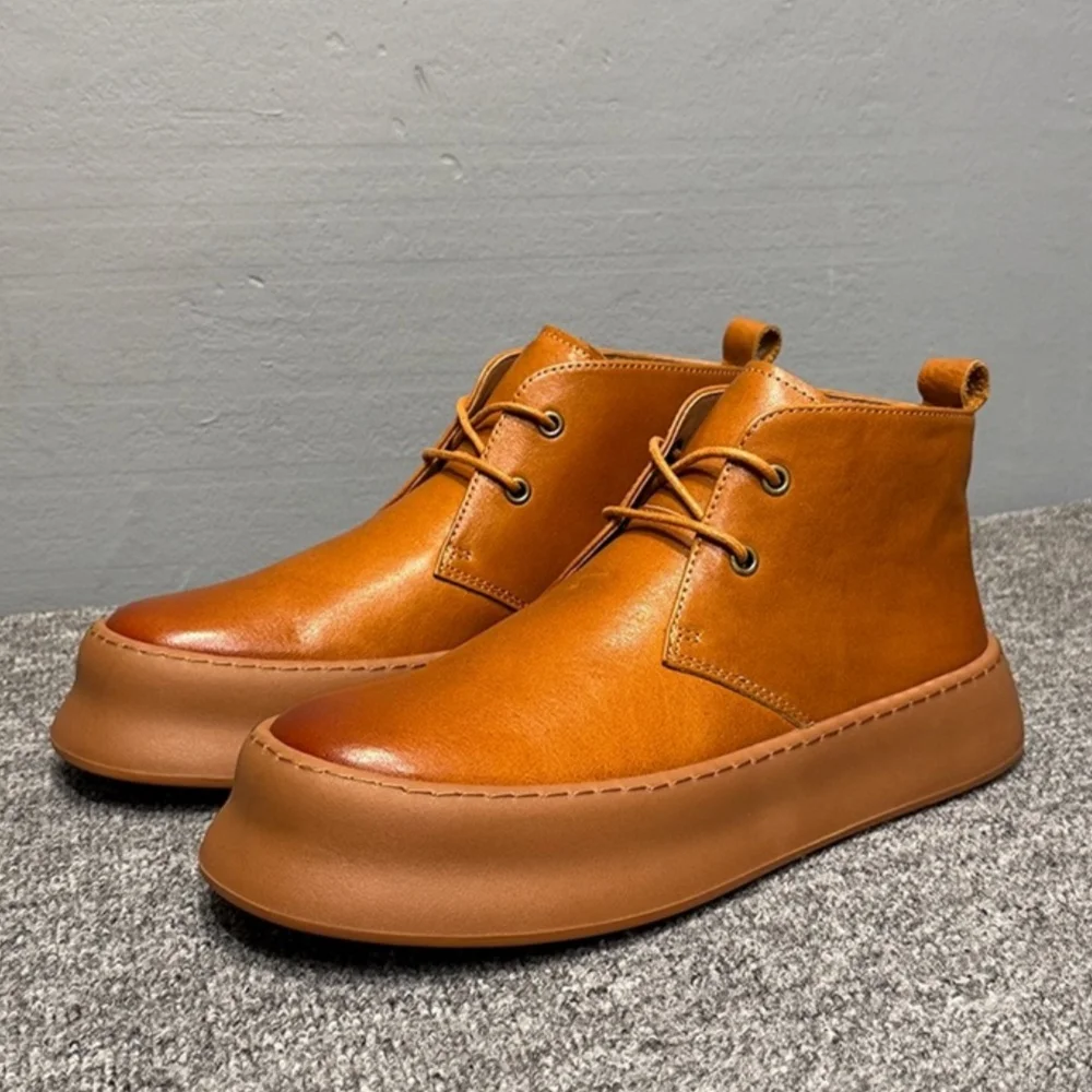 

QHCCID Men's High-Top Leather Shoes Soft Cowhide Lightweight Breathable Driving Shoes with Soft Soles Casual Footwear