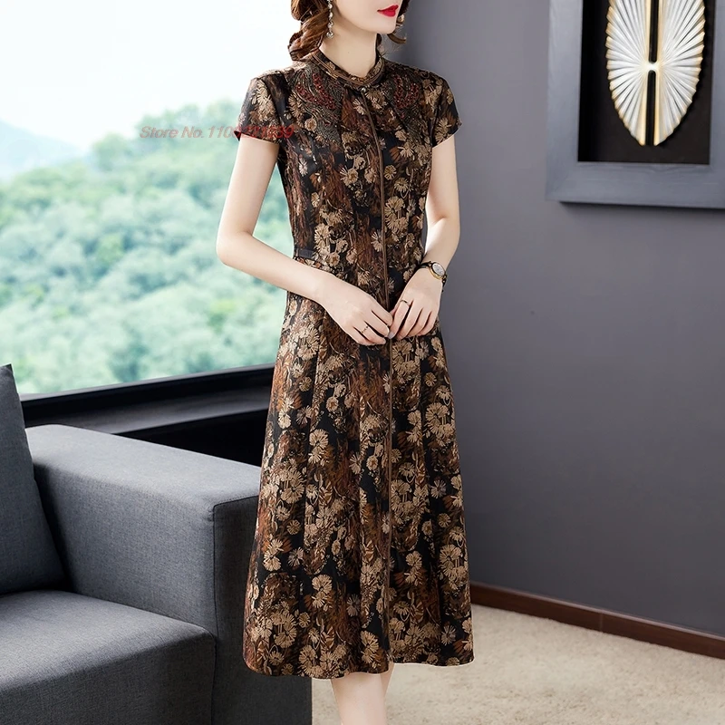 2025 national flower print a-line cheongsam improved qipao dress traditional vintage satin dress oriental elegant folk qipao