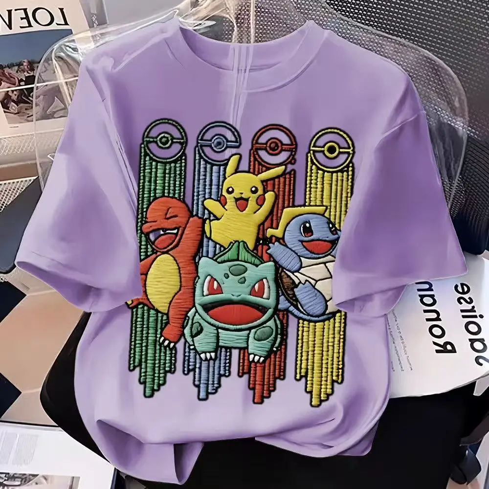 New Imitation Embroidery Pokémon Cartoon Print, Crew Neck Loose Casual Short‑Sleeve Top for Boys and Girls, Summer Style