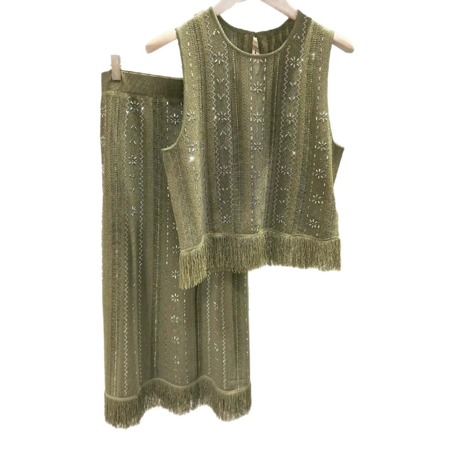 

Women's Hot Diamond Tassel Knitted Set Sleeveless Round Neck Tank Top+Half Skirt Women's Fashion Set 2026 Summer New