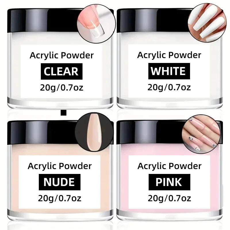 Acrylic Nail Powder Set: 4 Colors Clear Nude Pink White Acrylic Powder for Acrylic Nail Dipping Extension Carving