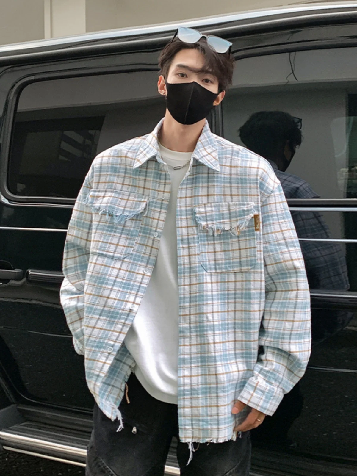 

Worn-look Plaid Long Sve irt Jaet Men's Loose Fit European Simple Sle Button Closure Autumn Season Regular Length