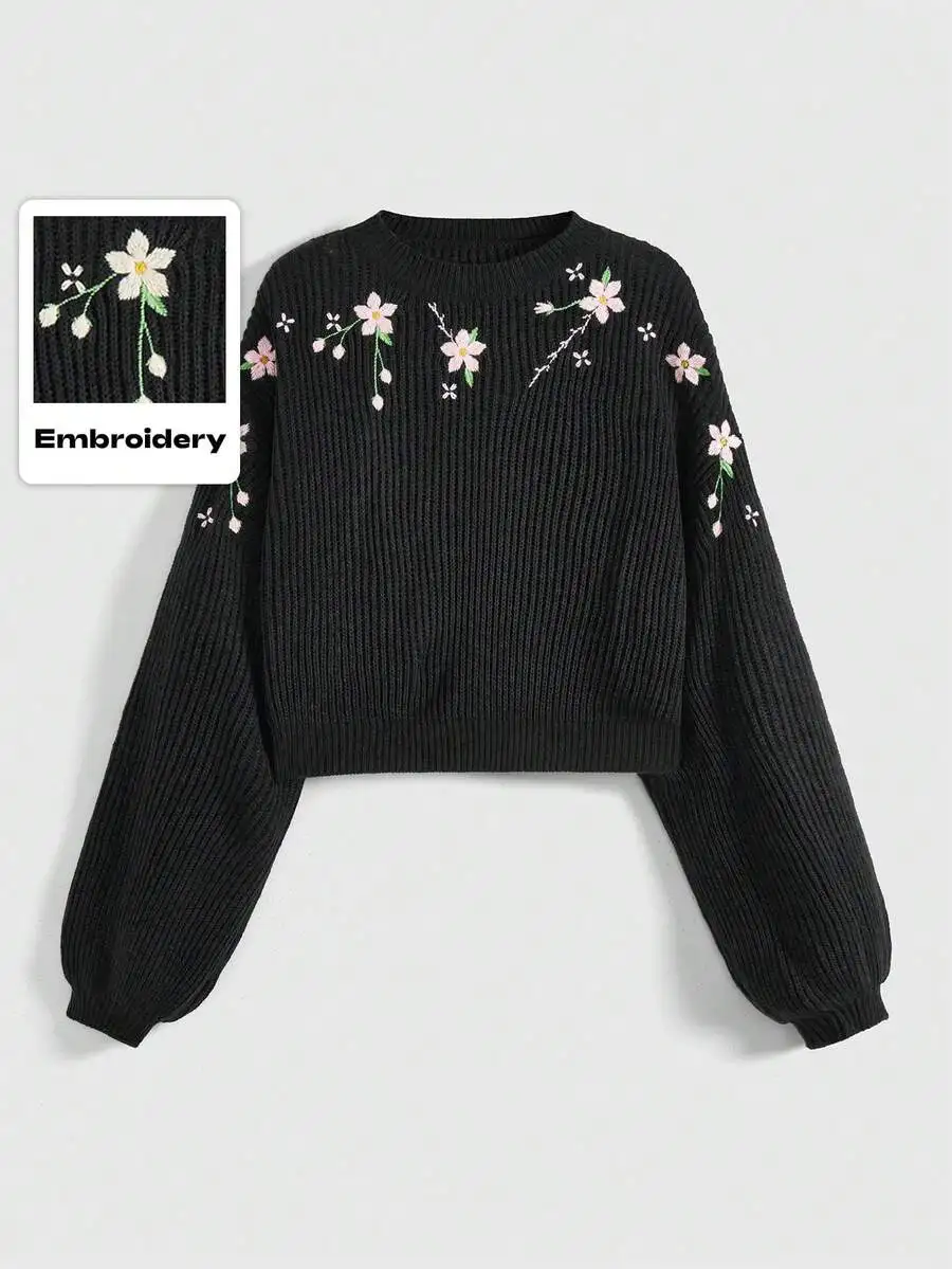 

Black Floral Embroidered Cropped Crew Neck Sweater with Lantern Sleeves