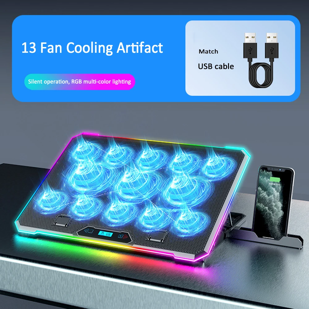 

Laptop Cooler with 13 Quiet Cooling Fans, LED Lights 2 USB Ports 8 Height Adjustable for 14-17 inch laptops tablet Cooling Stand