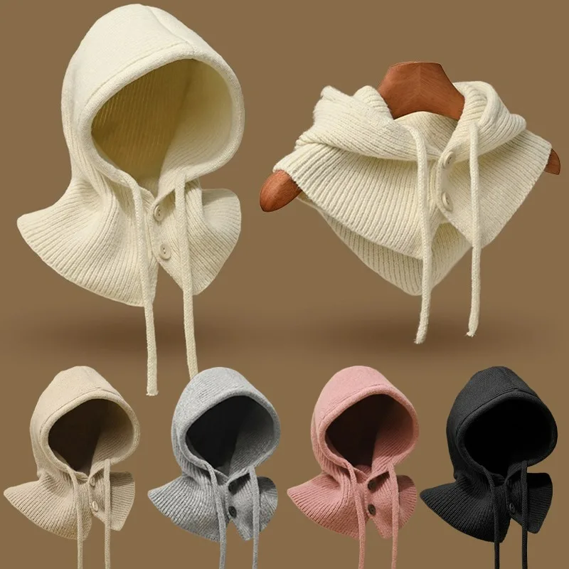 Korean Balaclava Hat Women Knitted Hooded Caps One-Piece Neck Collar Beanies Hats Outdoor Warmer Ear Protection Drawstring Cap