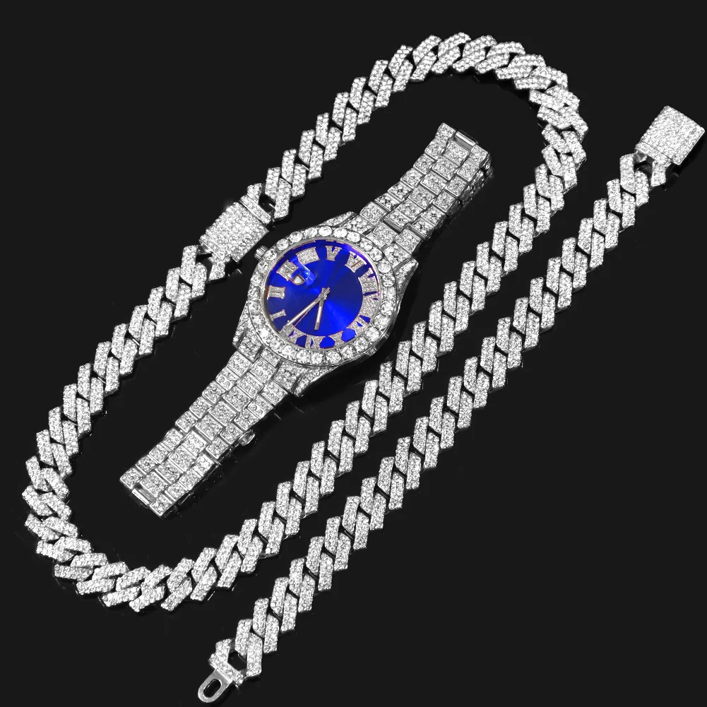 Fashion Rhinestone Wrist Watch & Hip Hop 14MM Prong Cuban Chain & Rapper Cuban Necklaces Set, Punk Party Gift