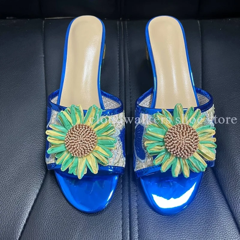 Iridescent Embroidery Upper Sunflower Embellished Summer Slipper Hand-Painted Flower Square Heel Playful Design Peep Toe Slipper view 5