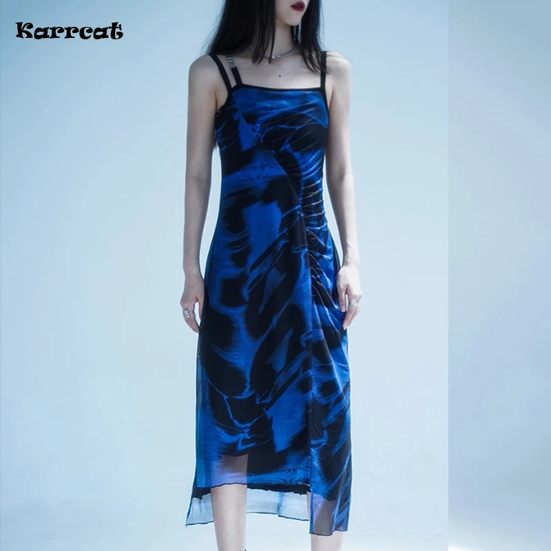 

Karrcat Gothic Irregular Dress Grunge Y2k Aesthetics Mesh Dress Vintage Tie Dye Print Midi Dress Spaghetti Strap Party Dress Emo