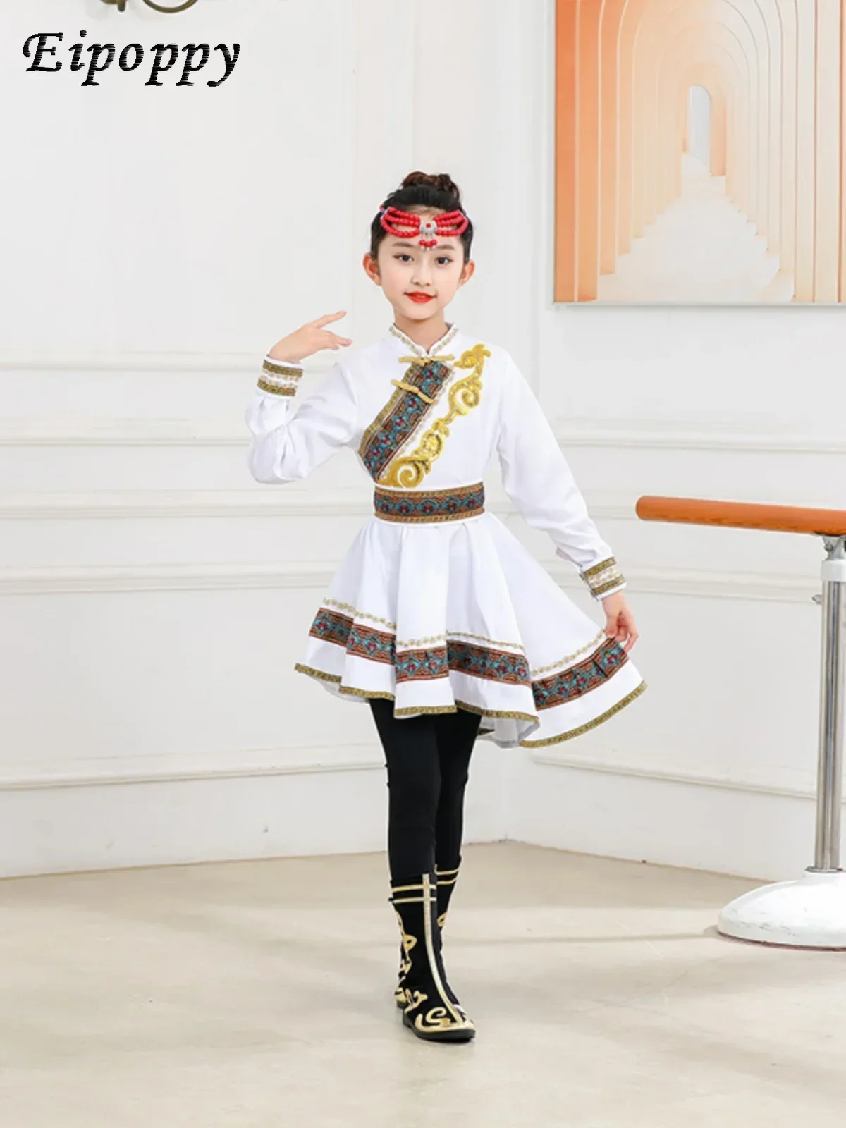 Costume de danse mongole pour enfants, vêtements de performance, robe de prairie, baguettes, fille