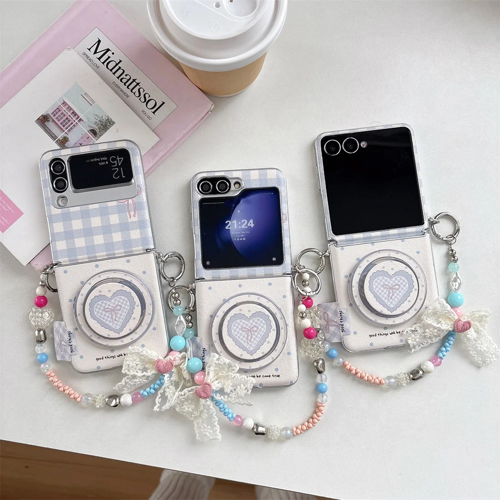 Blue Gingham Heart Bow Phone Case With Holder Beaded Lace Chain For Samsung Galaxy Z Flip 8 5 6 7 6 5 4 3 Z Flip8 Foldable Cover
