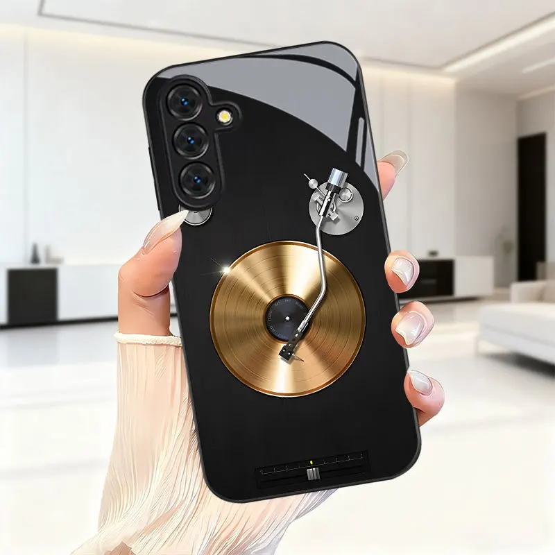 Black vinyl record player glass phone case suitable for Samsung Galaxy S26 S25 S24 S23 S22 S21 S20 FE/Ultra/Plus anti drop