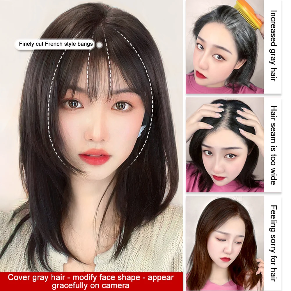 Clip in Bangs 100% Real Human Hair Wipsy Fack Bangs Hair Clip With Topper Lace Bangs,360°Cover Natural Color Clip on Bangs