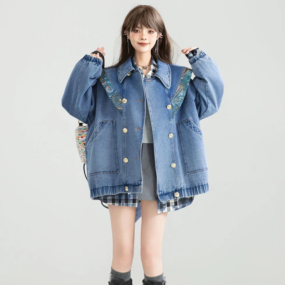 Jaqueta jeans vintage outwear feminina 2025 primavera outono nova moda design artístico jacquard arco jeans jaqueta solta topos