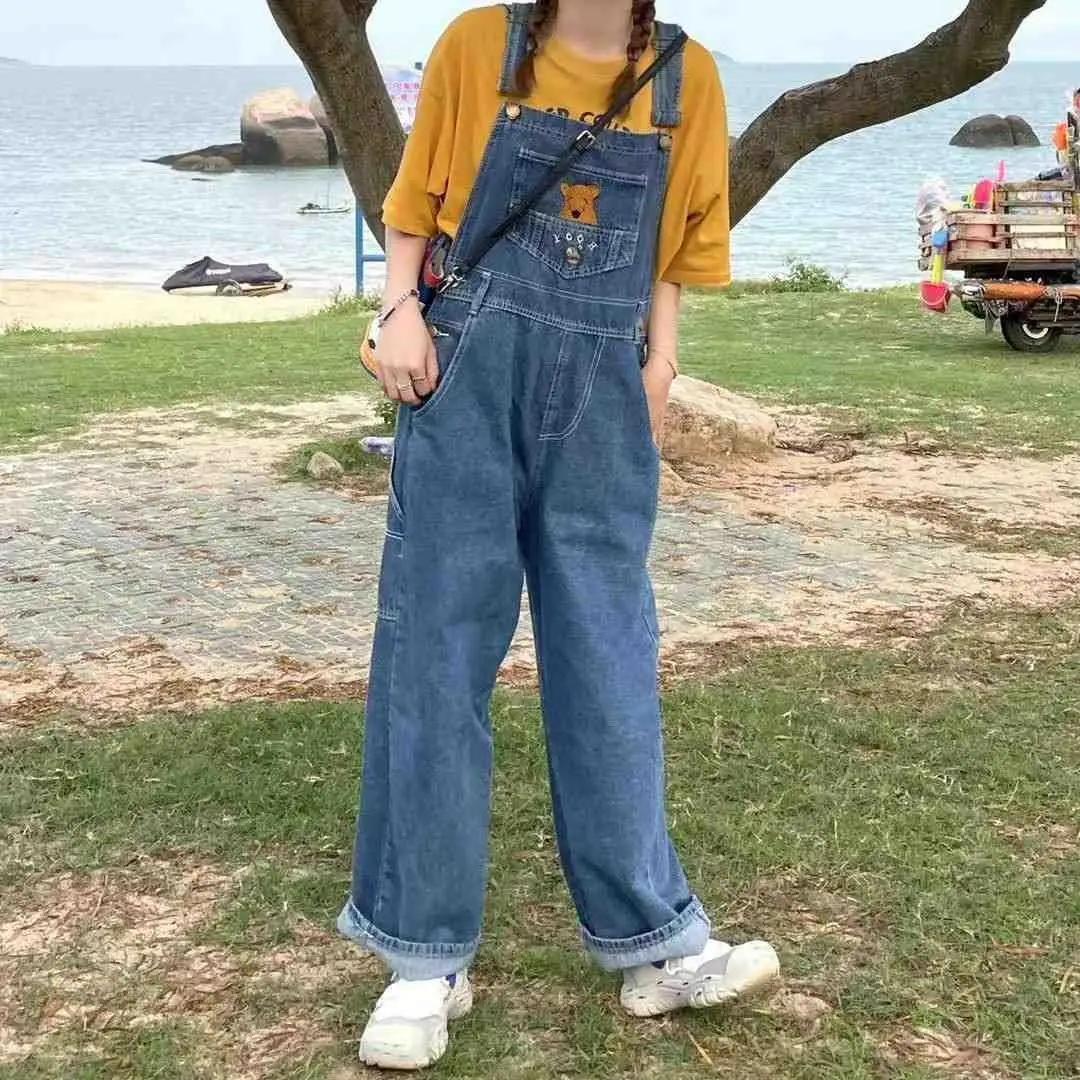 

New Women Cute Cartoon embroidery Denim Jumpsuit Casual Spaghetti Strap Straight Jeans Pants Summer Female Baggy Loose Overalls