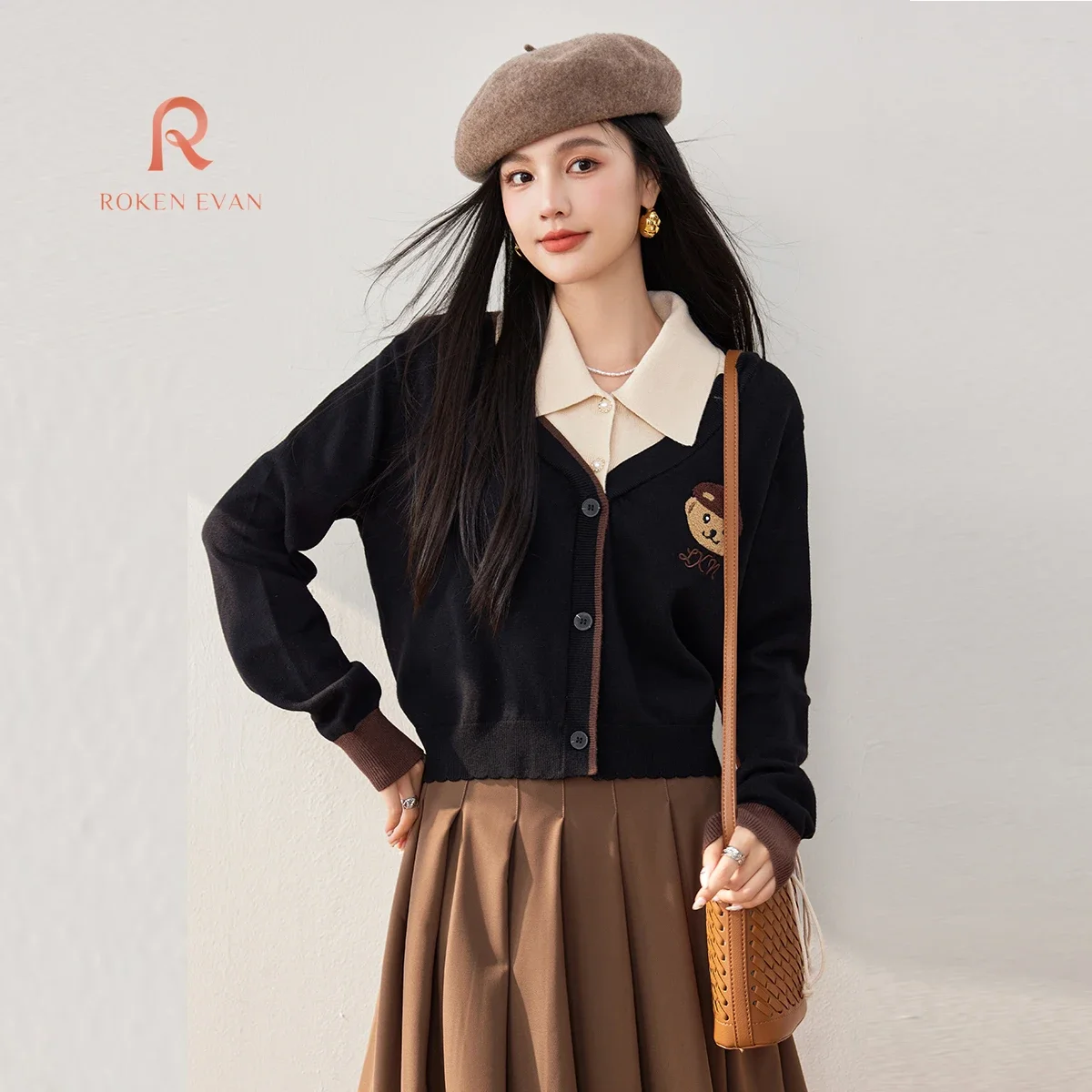 

ROKEN EVAN 2024 Autumn Women Sweater Female Korean Fashion Clothes Top Shirts Feminino Cardigan Vintage London Long Sleeve Top