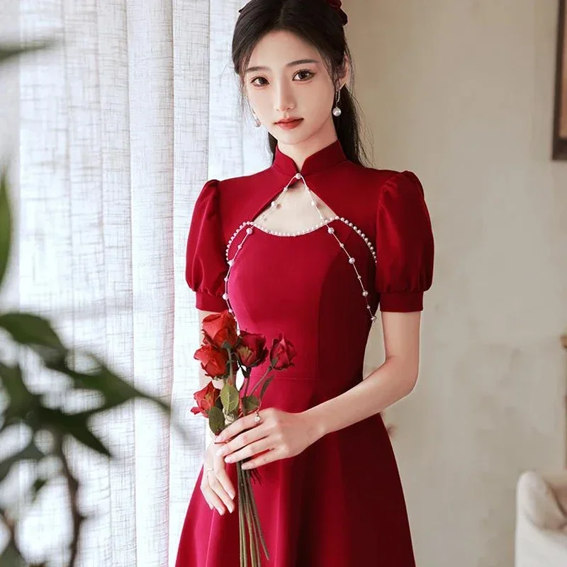 

Chinese Style Cheongsam Bride Wedding Dress Toast Clothing Sexy Small Hollowed Out Red Prom Dresses Graduation Gala Party Gowns