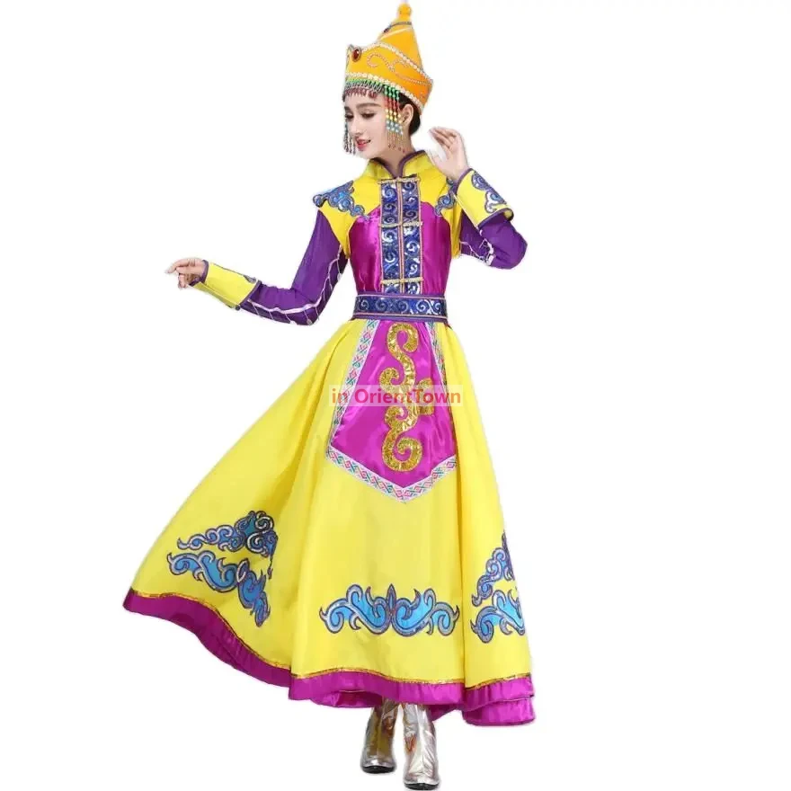 Traje de danza folclórica china, vestido dorado violeta, vestido étnico, ropa de danza mongol, ropa de escenario mongol para mujer