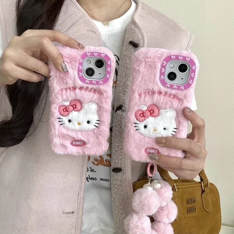 Cute Cartoon Sanrio Hello Kitty Furry Plush Soft Phone Case For iPhone 16 15 14 13 12 11 Pro Max Winter Warm Cover With Lanyard