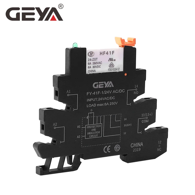 5PCS 10PCS GEYA Din Rail Slim Relay Module HF-41F Integrated PCB Mount Power Relay 12V 24V 48V 110V 230V with Relay Socket 6.2mm