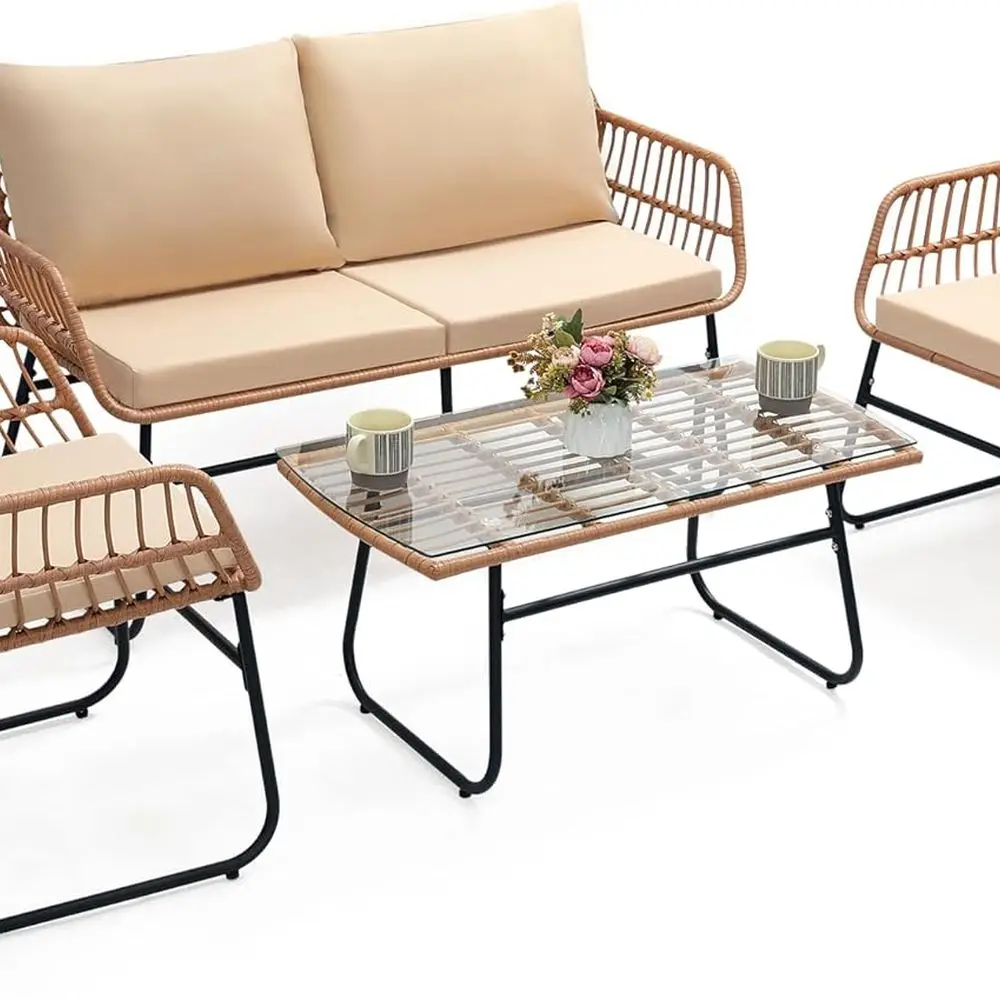 

Всепогодный комплект бистро для патио из 4 предметов: плетеный диван, 2 стула, стол, бежевые подушки