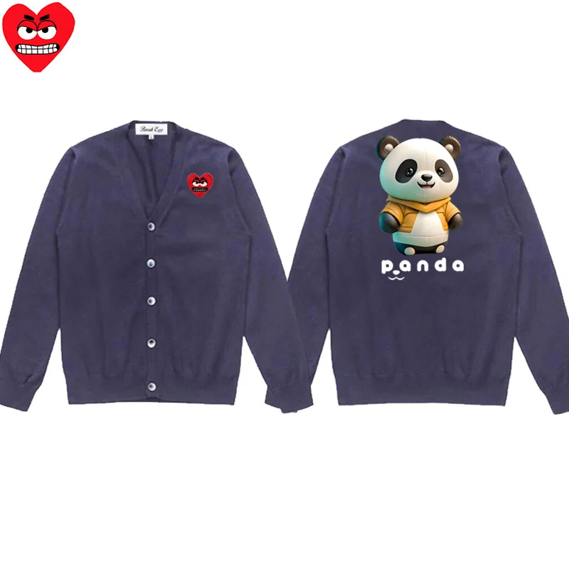 Boxing Panda Printing Men Cardigan Cotton Cool Snag Heart Embroidery V-Neck Single Breasted Long Sleeves Autumn Fit Sweater