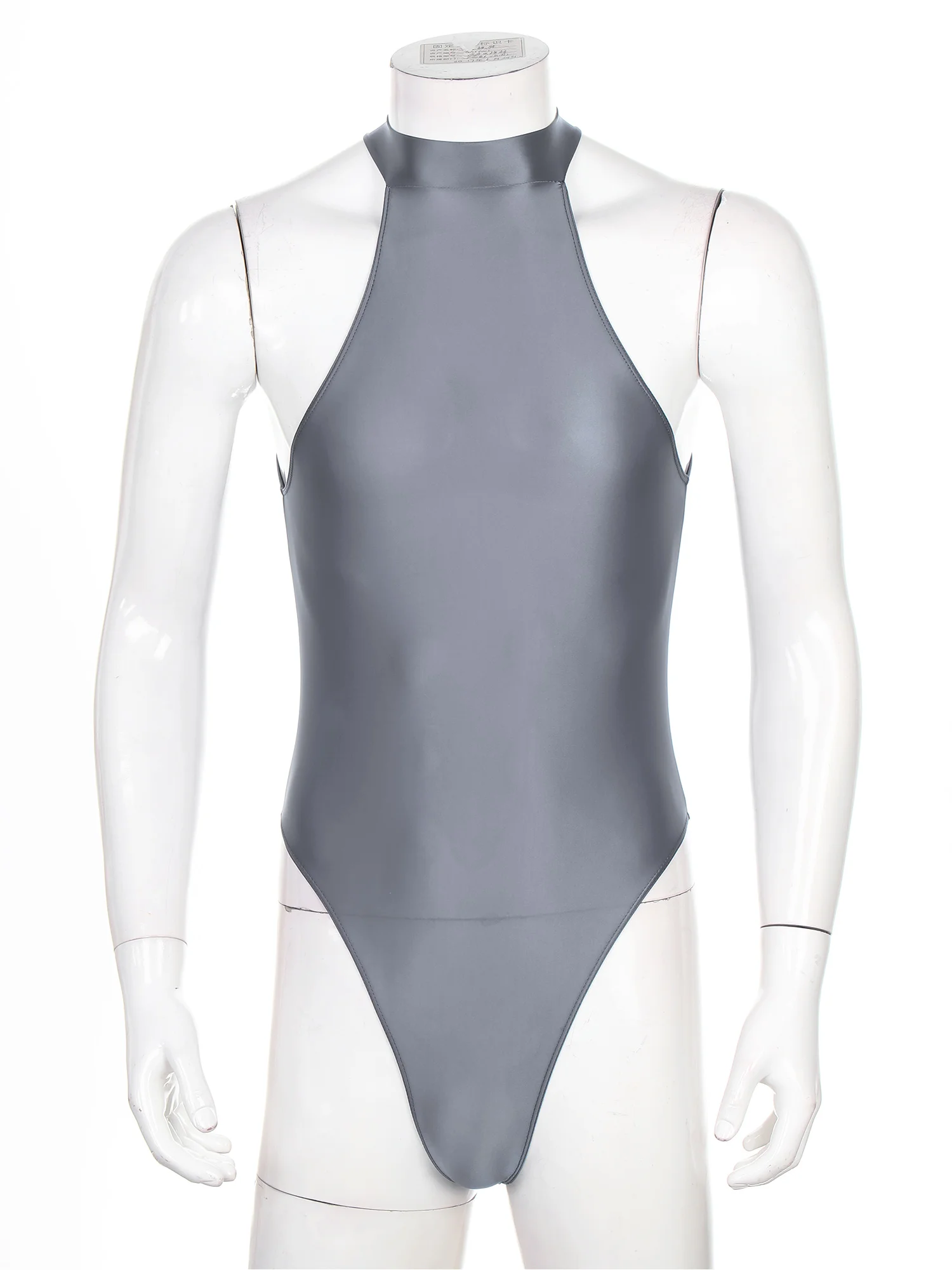 Men\'s Swimsuit Glossy Mock Neck Back Zipper Bodysuit One-piece Hommes Sleeveless Leotard for Gymnastics Swimming Bathing Suit