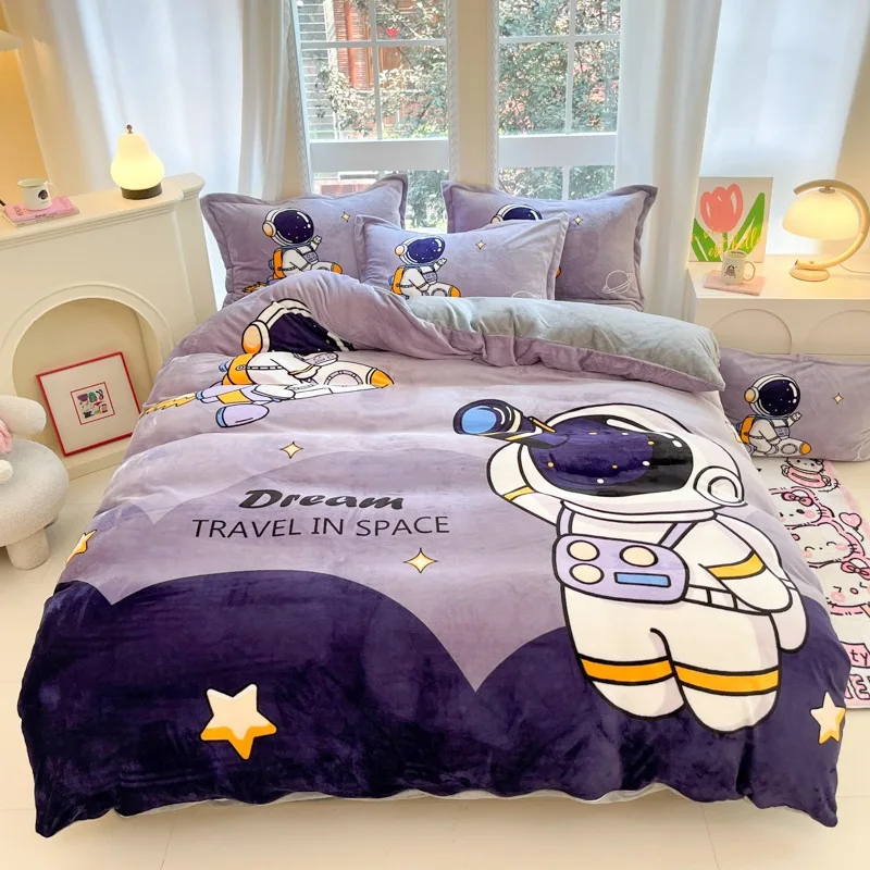 

Winter Bedroom Bedding, Milk Velvet Pillowcases, Bed Sheets, Duvet Covers, Four Piece Set, Thick Cartoon Student Dormitory