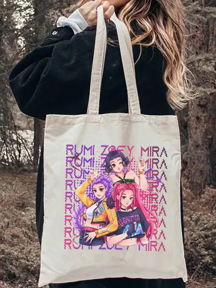 1 قطعة HUNTRIX K-pop شيطان هنتر أنيمي نمط قماش حمل حقيبة قابلة لإعادة الاستخدام المرأة حقيبة تسوق حقيبة قماش قنب حقيبة شاطئية هدية للمسافرين #1