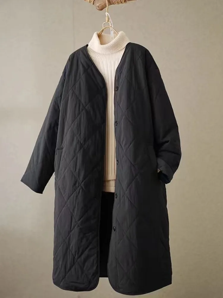 

Thiened Cotton Jaet Women's Winter Coat V-Ne Long Sve Artistic Sle Retro Diamond Pattern Quilted Over-Knee down Ja...