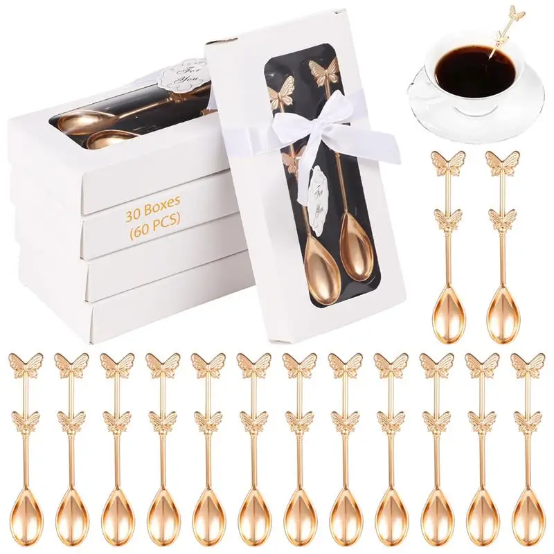 60PCS Butterfly Shape Teaspoons Boxes Butterfly Tea Spoon Set Elegant Butterfly Coffee Scoop With Gift Box Tea Party Drink Spoon