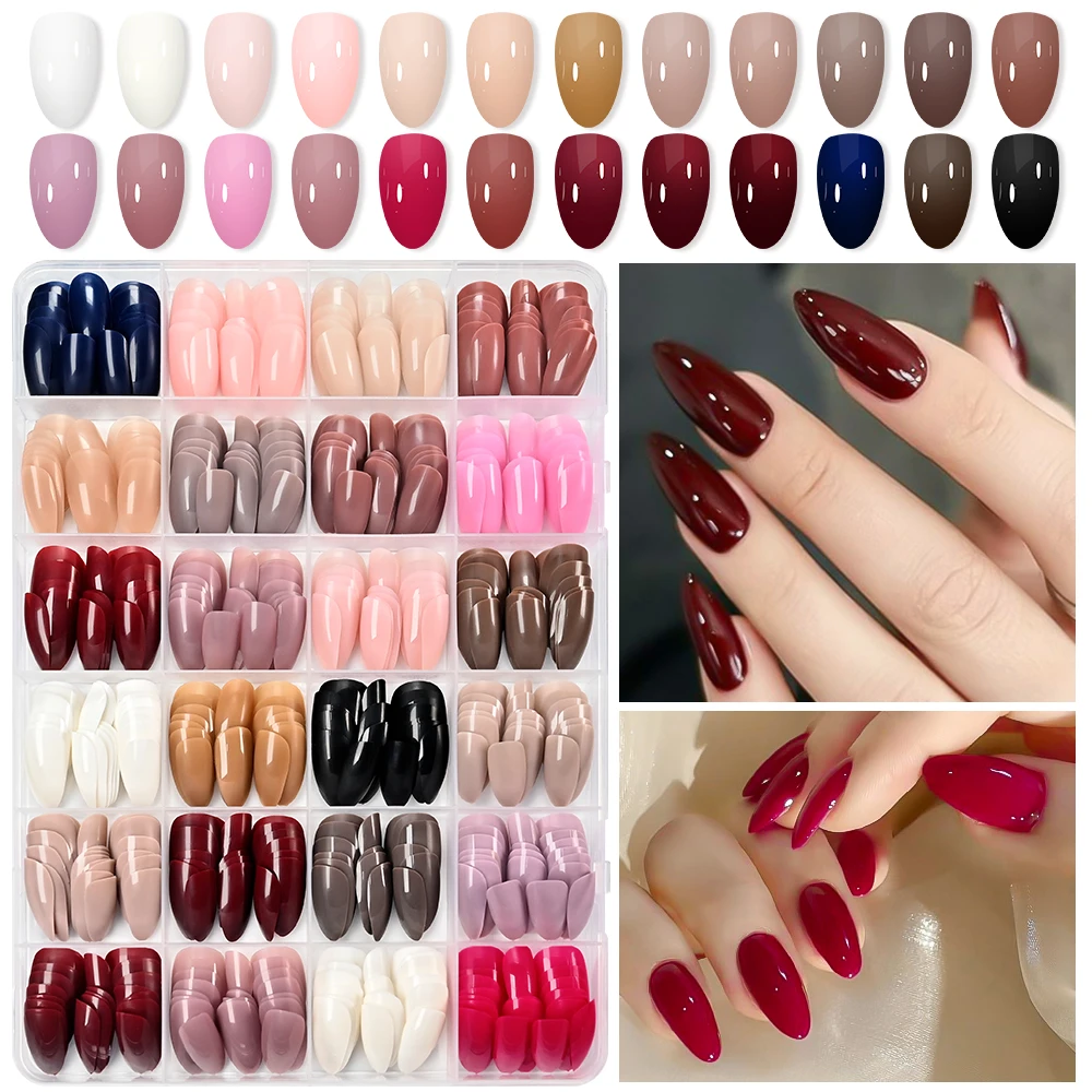 

576pcs Solid Color Glossy Acrylic Press-on Nails 24 Colors Short Almond False Nails Reusable Fake Nails for Daily Wear & Parties