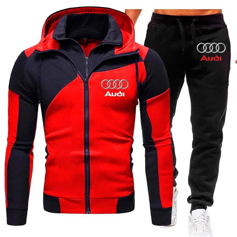 Chándal Audi Car Logo estampado ropa deportiva conjuntos de 2 piezas ropa de lana cálida Sudadera con capucha + Pantalones traje deportivo Audi ropa de hombre