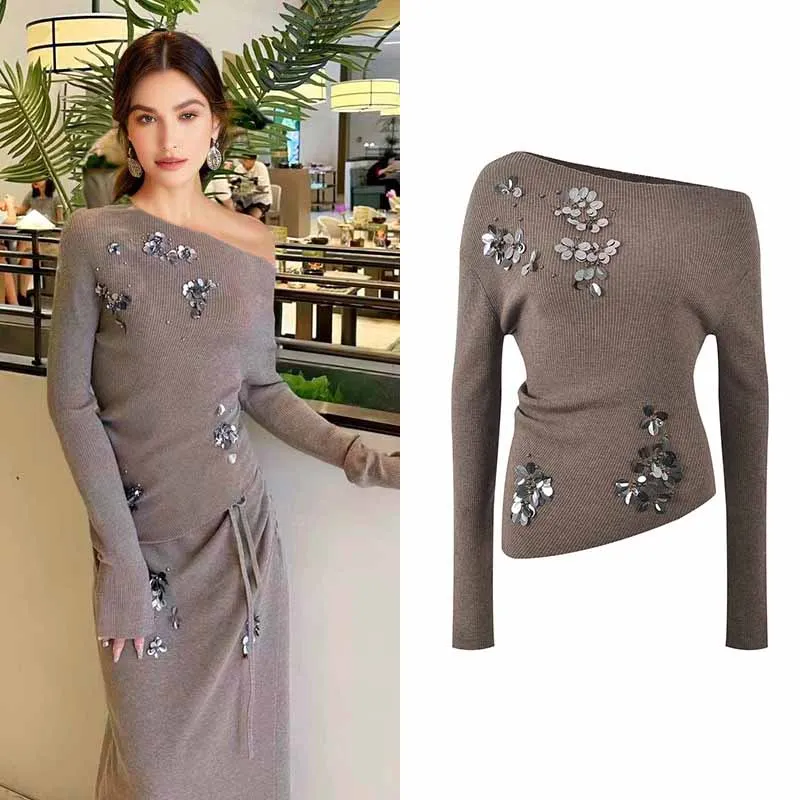 

MCDV Sequined Knitted Sexy Off Shoulder Sweater Women Elegant Slant Collar Long Sleeve Slim Fit Pullover Tops Soft Warm Knitwear