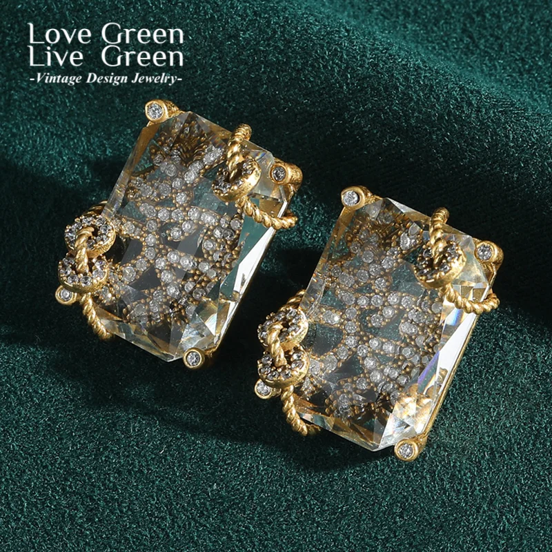 Vintage Transparent Square Crystal Wealth Earrings Studs Antique Gold Color High Quality Carnival Party Luxury Quality Jewelry