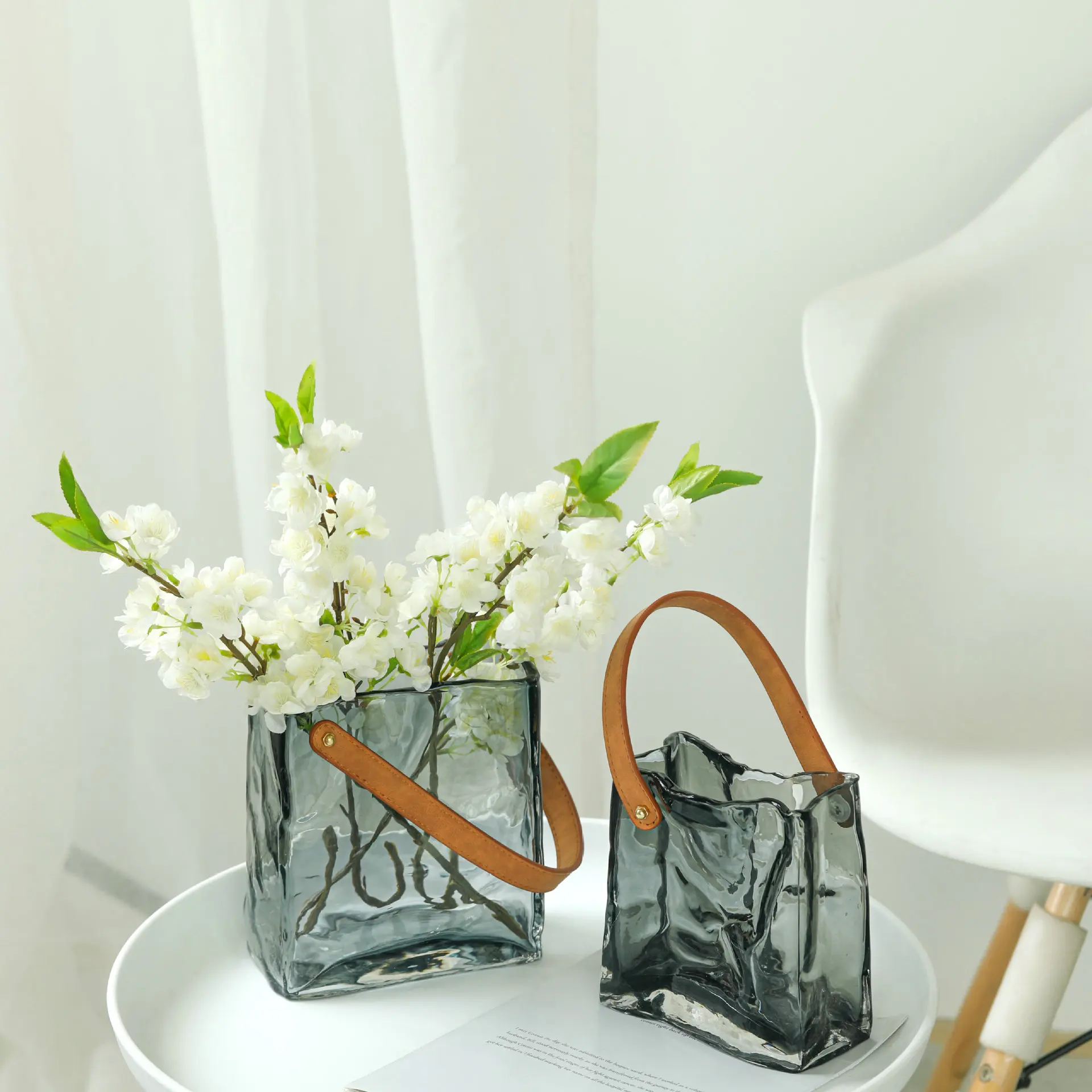 Glass Vase Transparent Tote Bag Shape Wrinkled Irregular Texture Flower Hydroponics Accessories Terrarium Home Decoration