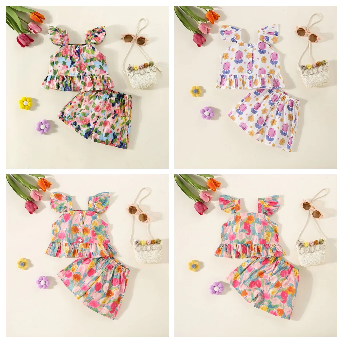 Summer Set 2/Piece Girl Baby Strap+Shorts Girl Cartoon Tulip Printed Small Flying Sleeve Strap Top