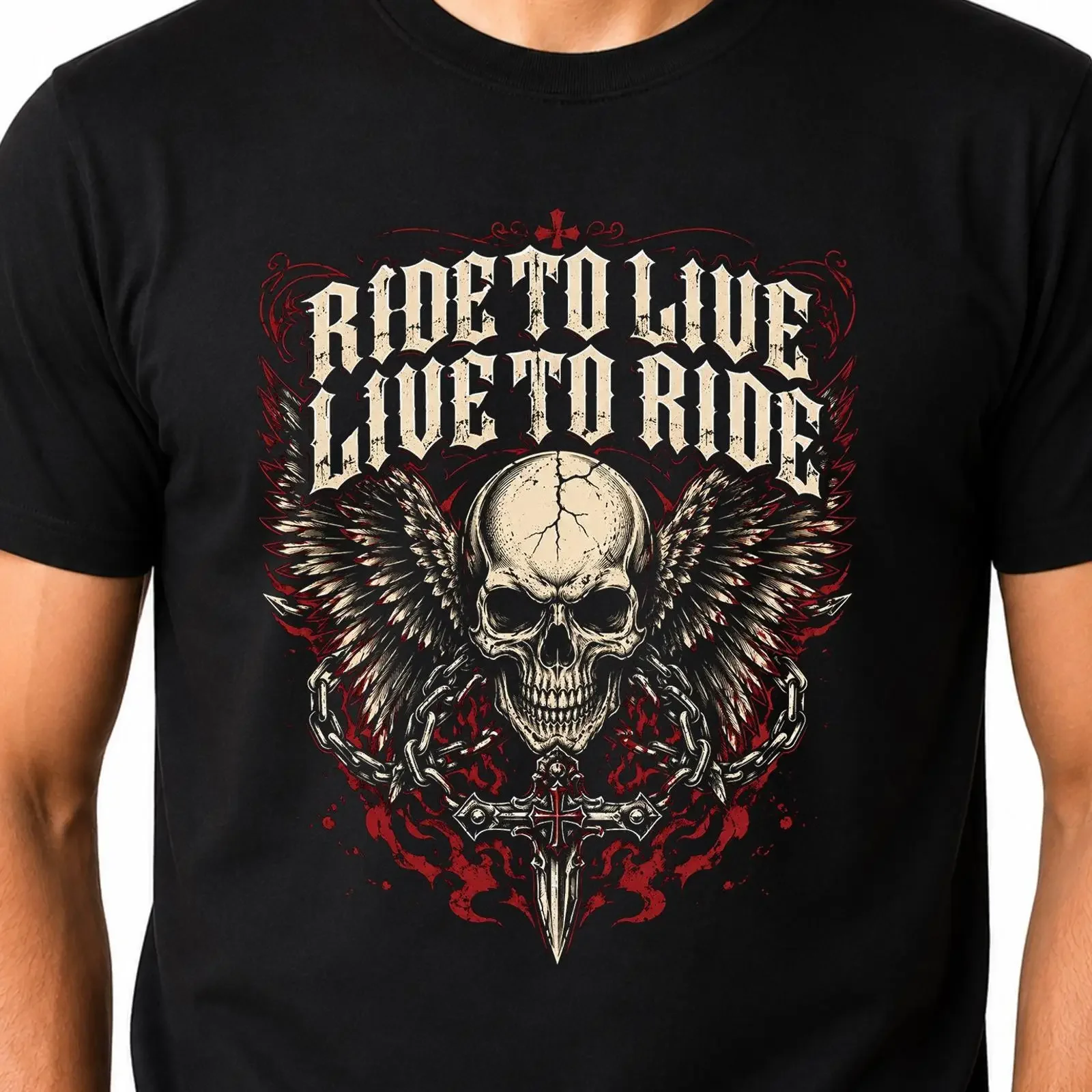 Skull Wings T Shirt Ride To Live Biker Motorrad Gothic Cross Grafik vintage Washed Slightly Unisex graphic Casual Stretched