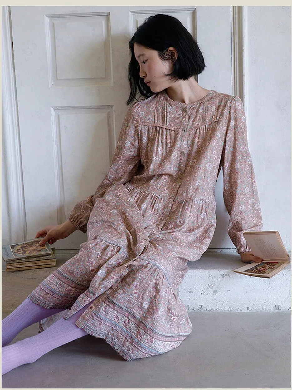 

Романтическое осеннее длинное платье на пуговицах Све с цветочным принтом и поясом Юбка-трапеция из смеси хлопка Удобный свободный крой круглый Ne