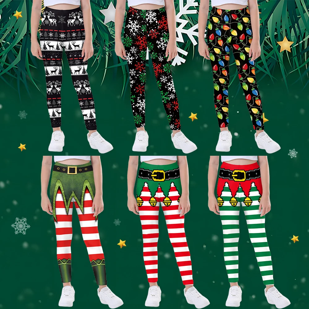 Girl Leggings Elf Christmas Pants Santa Claus Cosplay Costume Xmas Stripe Snowflake Elk Print Cute Tights Trousers Party Pants