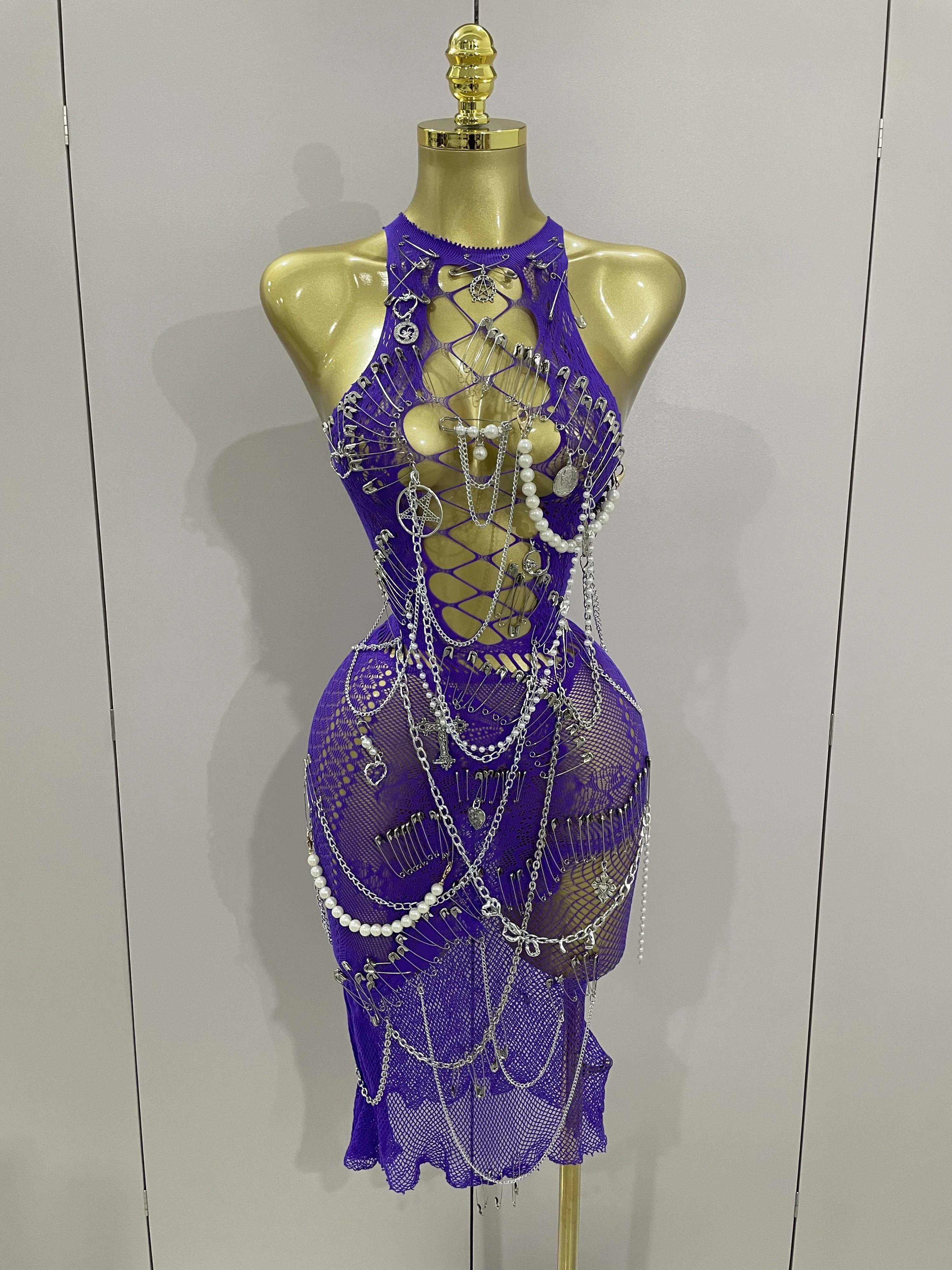 

2025 Sexy Purple See-Through Pin Decoration Chain Beading Short Dress Women Birthday Evening Party Nightclub Stage Costume