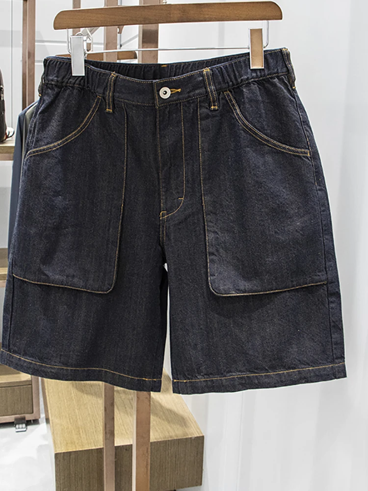 

New men's primary color wash straight tube loose fashion casual red denim five cent shorts